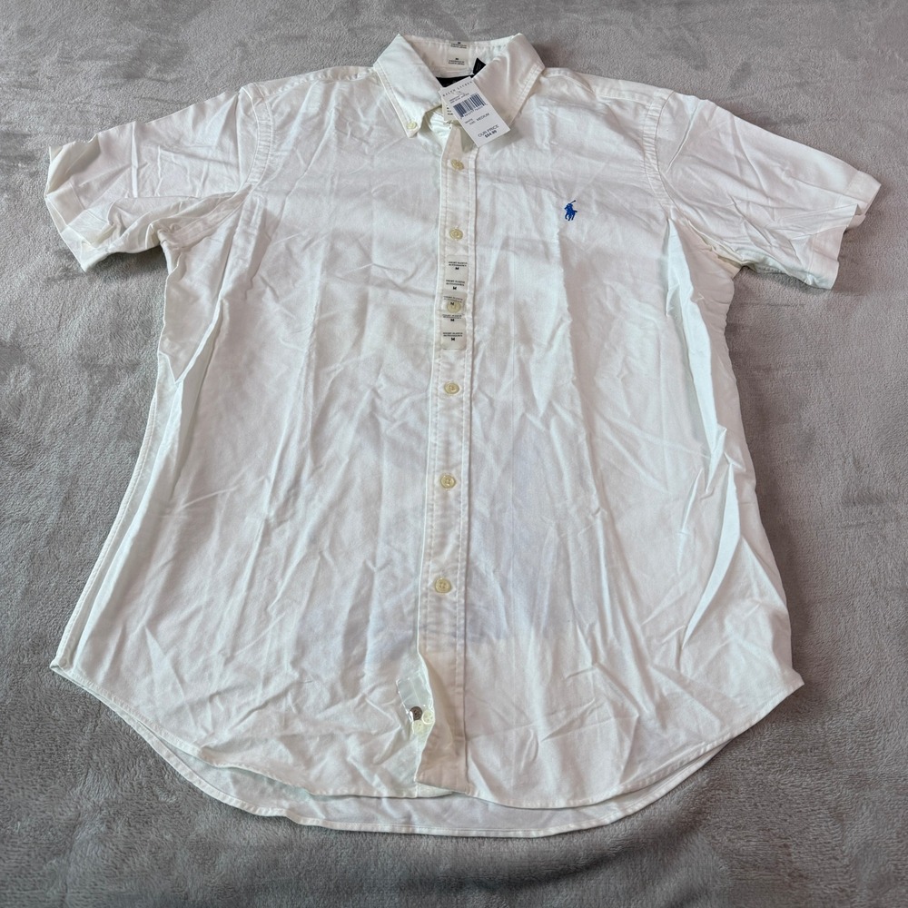 NEW Polo Ralph Lauren Mens Medium White Short Sleeve Button Down Oxford Shirt
